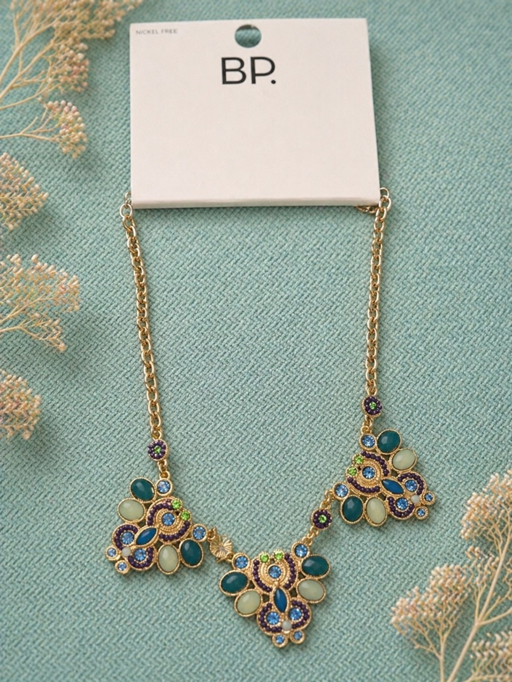 bp Nordstrom Gold Plated Teal & Blue Gemstone Statement Necklace NWT